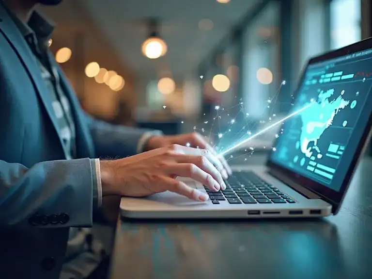 Man working on a laptop, showing a world map with glowing connections. It suggests the challenge of affiliate marketing's broad reach and potential for intense global competition, along with the data analytics.